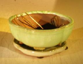 Melon Green Ceramic Bonsai Pot<br>Round Petal Shape<br>Professional Series with Attached Humidity/Drip tray<br><i>6.0