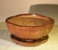 Aztec Orange Ceramic Bonsai Pot - Oval<br>Lotus Shape<br>Professional Series with Attached Humidity/Drip tray<br><i>6.37