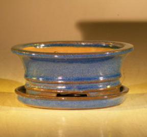 Ceramic Bonsai Pot With Attached Humidity/Drip tray-Professional Series<br> Blue Oval 6.0