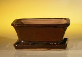 Dark Red Orange Ceramic Bonsai Pot  - Rectangle <br>Professional Series With Attached Humidity/Drip Tray <BR>6.37