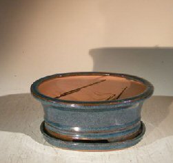 Blue/Green Ceramic Bonsai Pot - Oval<br>Professional Series with Attached Humidity/Drip tray<br><i>8.5