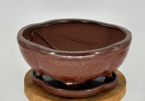 Aztec Orange Ceramic Bonsai Pot - Lotus Shape<br> Attached Humidity/Drip tray<br><i>8.5