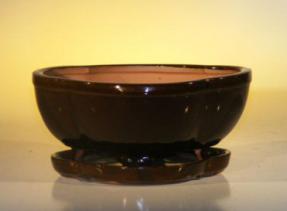 Dark Red Ceramic Bonsai Pot - Oval<br>Professional Series with Attached Humidity/Drip tray<br><i>8.5