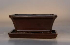 Ceramic Bonsai Pot  with Attached Tray <br>Glazed Rectangle - Dark Red Orange<br>6