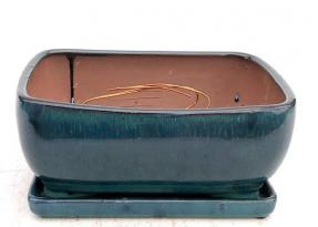 Blue / Green Ceramic Bonsai Pot - Rectangle <br>Professional Series with Attached Humidity/Drip Tray <br><i>10.75