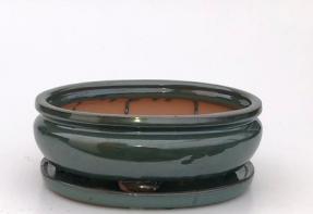 Dark Green Ceramic Bonsai Pot - Oval<br>With Humidity Drip Tray<br>10