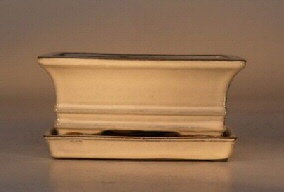 Ceramic Bonsai Pot  with Attached Tray<br>Glazed Rectangle - Beige<br>6