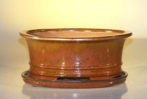Aztec Orange Ceramic Bonsai Pot - Oval<br>Professional Series with Attached Humidity/Drip tray<br><i>10.75