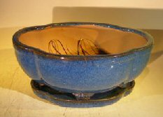 Blue Ceramic Bonsai Pot- Lotus Shape<br>Attached Humidity/Drip Tray<br>Professional Series<br>10.5