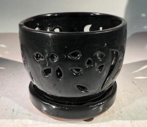 Black Ceramic Orchid Pot - Round <br>With Attached Humidity Drip Tray<br>6