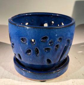 Blue Ceramic Orchid Pot - Round <br>With Attached Humidity Drip Tray<br>6