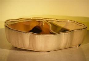 Beige Ceramic Bonsai Pot - Oval with Scalloped Edges - Land/Water Divider <br><i>12