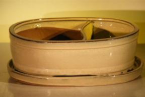 Beige Ceramic Bonsai Pot - Oval<br>Land/Water  with Attached Matching Tray<br><i>8.25