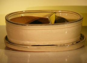 Beige Ceramic Bonsai Pot<br>Land/Water  with Attached Matching Tray<br><i>10.0