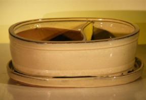 Beige Ceramic Bonsai Pot - Oval<br>Land/Water  with Attached Matching Tray<br><i>12.0