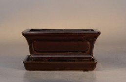 Ceramic Bonsai Pot  with Attached Tray<br>Glazed Rectangle -  Dark Red Orange<br>6