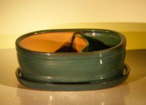 Dark Green Ceramic Bonsai Pot - Oval<br>Land/Water  with Attached Matching Tray<br><i>8.25