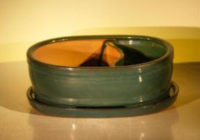 Dark Green Ceramic Bonsai Pot<br>Land/Water  with Attached Matching Tray<br><i>10.0