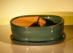 Dark Green Ceramic Bonsai Pot - Oval<br>Land/Water  with Attached Matching Tray<br><i>12.0