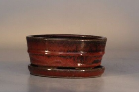Ceramic Bonsai Pot  with Attached Tray<br>Glazed Round - Parisian Red<br>6