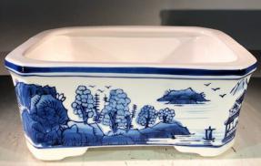 Blue on White Porcelain Bonsai Pot - Rectangle <br>10.5