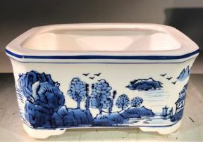 Blue on White Porcelain Bonsai Pot - Rectangle <br>8.5