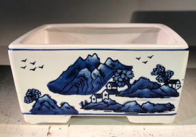 Blue on White Porcelain Bonsai Pot - Rectangle <br>8.5