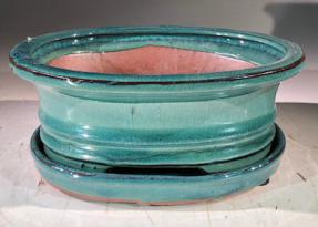 Blue / Green Ceramic Bonsai Pot - Oval<br>With Humidity Drip Tray<br>8