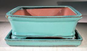 Light Blue Ceramic Bonsai Pot - Rectangle<br>With Humidity Drip Tray<br>8