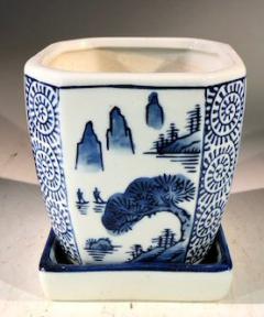 Blue on White Porcelain Bonsai Pot - Square <br>With Attached Humidity Drip Tray <br>4