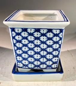 Blue on White Porcelain Bonsai Pot - Square <br>With Attached Humidity Drip Tray<br> 4