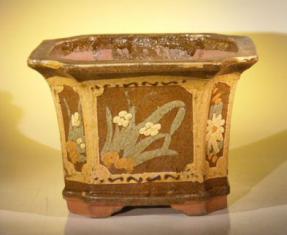 Brown/Yellow Ceramic Bonsai Pot - Square<br>Floral Design<br><i>12