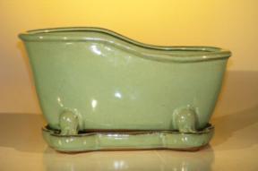 Blue/Green Ceramic Bonsai Pot With Matching Tray<br>Bathtub Shape<br><i>10.875