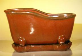 Aztec Orange Ceramic Bonsai Pot With Matching Tray<br>Bathtub Shape<br><i>10.875