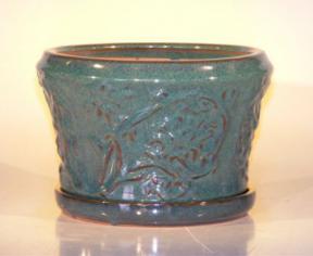 Blue/Green Ceramic Bonsai Pot - Round<br>Attached Matching Tray<br><i>9