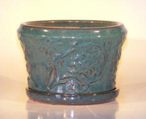 Blue/Green Ceramic Bonsai Pot With Matching Tray<br>Round<br><i>11.25