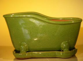 Green Ceramic Bonsai Pot With Matching Tray<br>Bathtub Shape<br><i>10.875