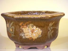 Brown Ceramic Bonsai Pot with Floral Design<br>Hexagon Shape<br><i>10