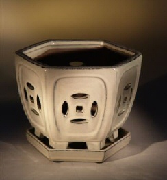 Ceramic  Bonsai Pot  (Orchid)<br>Glazed Hexagon -  Beige<br>5.5