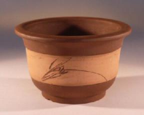 Round Bonsai Pot<br>Terra Cotta Color<br>Etched Design<br>8.5