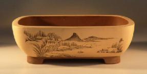 Rectangle Bonsai Pot<br>Tan Color<br>Etched Design<br>14