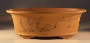 Oval Tan Bonsai Pot<br>Etched Design<br>15
