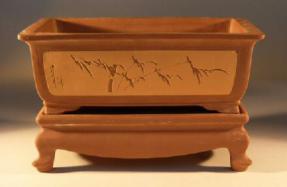 Rectangle Bonsai Pot w/stand<br>Terra Cotta Color<br>Etched Design<br>10