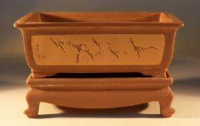 Rectangle Bonsai Pot w/stand<br>Etched Design<br>Terra Cotta Color<br>12.5