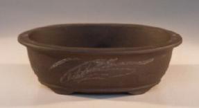 Ceramic Bonsai Pot<br>Brown Oval<br>w/etched design<br>
