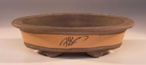 Ceramic Bonsai Pot<br>Brown Oval<br>w/etched design<br>