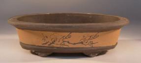 Ceramic Bonsai Pot<br>Brown Oval<br>w/etched design<br>