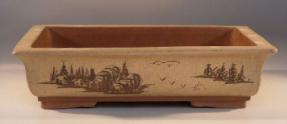 Ceramic Bonsai Pot<br>Tan Rectangle<br>w/etched design<br>