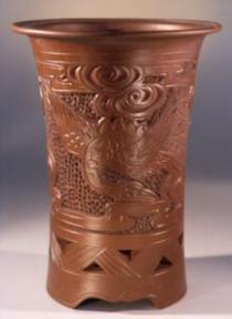 Ceramic Bonsai Pot<br>Red Oval<br>w/etched design<br>