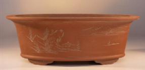 Ceramic Bonsai Pot<br>Red Oval<br>w/etched design<br>14.75